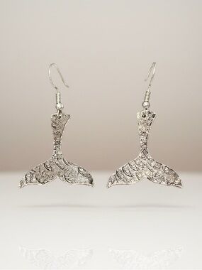 Handmade stamped silver pewter mermaid tail‎ surgical steel French hook earrings